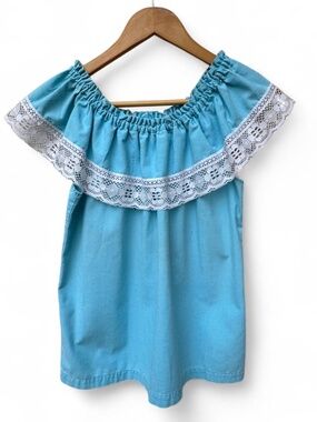 Vintage LADYBOSS Turquoise Blue Mexican Cantina Style Boho Peasant Top Size S